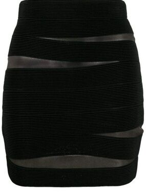 Balmain Black Ribbed Mini Skirt with Sheer Insets. Size French 34. Like New